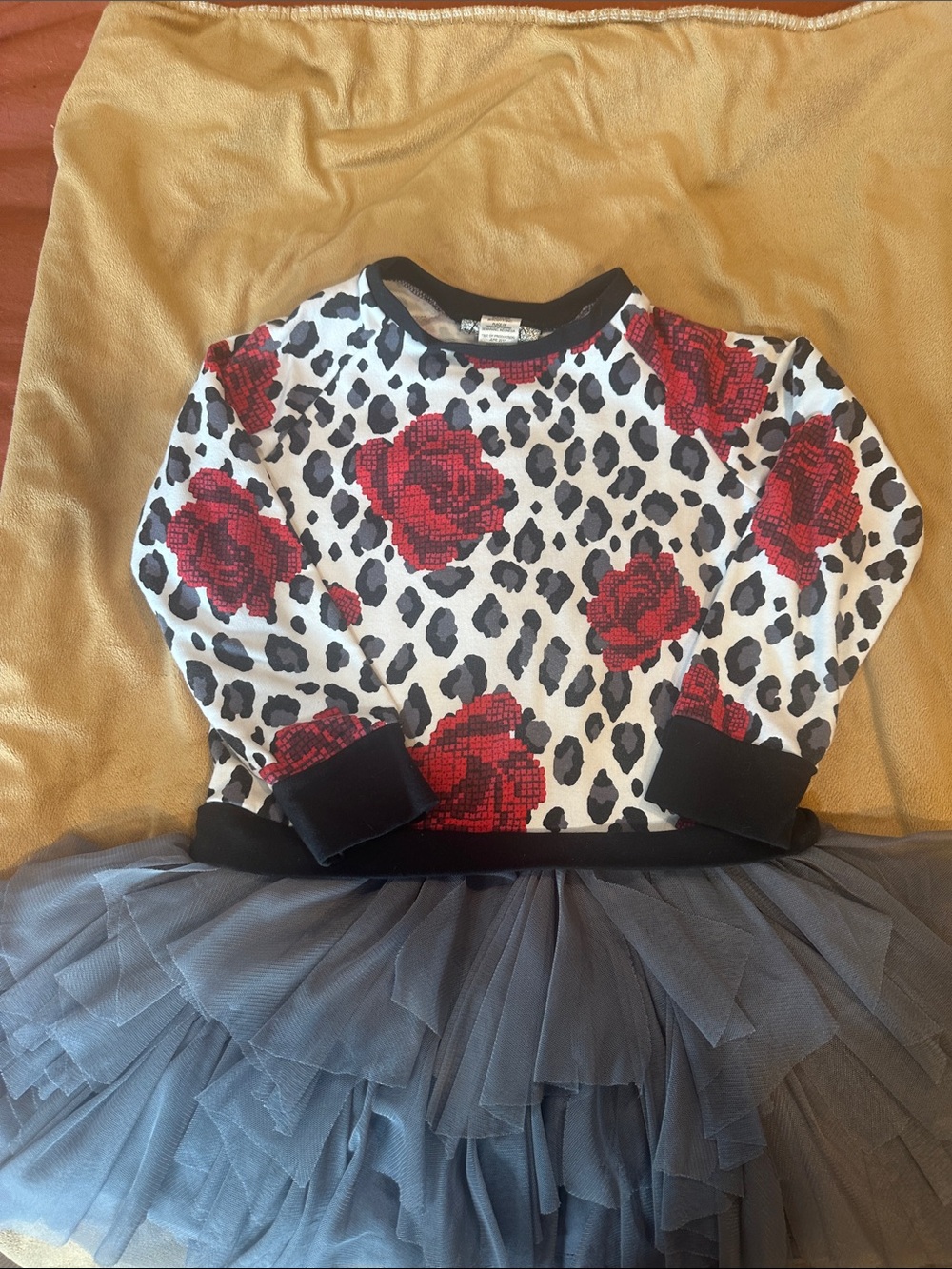 Biscotti White Sweatshirt with Red Rose & Black Leopard Print